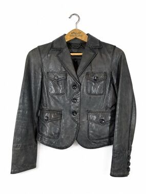 VTG GUESS Women's Leather Jacket Distressed Size M Charcoal Grey Moto 90s Edgy